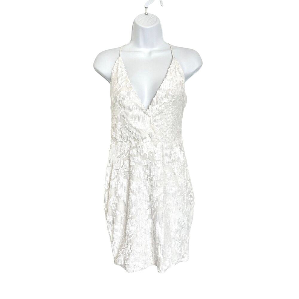 Boohoo Dress Size 4 Tall White Sequin Spaghetti Strap V-Neck Mini Sheath